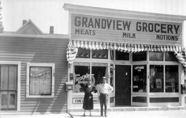 The Grandview Grocery on Colorado Avenue at 33rd Street, when it was owned by Steve Brock's father 
Giacondo (John) Brock.In the photo are probably John Brock and his wife (Steves stepmother), Rosa. The date is unknown. 
Courtesy of Glenna Brock
