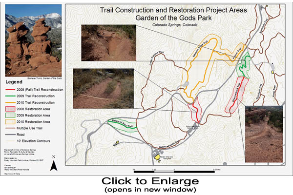 A map from the Rocky Mountain Field Institute (RMFI)
shows its three-year plan for erosion-control projects at the Garden of the Gods, and photos of past work efforts.
Courtesy of Rocky Mountain Field Institute