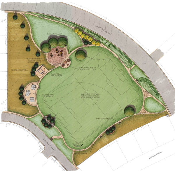 An artists rendering shows the revised concept plan for
Crown Hill Mesas Gold Camp Park, south of Lower Gold
Camp Road. The large green area is a field that could be
used for baseball or soccer. The circular green clumps are
trees. A shaded playground/sandbox/family play area is at 
the upper left. The tan areas at left are a basketball
half-court and skateboarding area. The brown at the far
left and right represents areas to remain mostly natural. 
Courtesy of Colorado Springs Parks