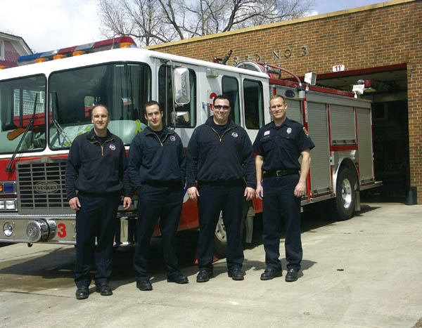 During a recent shift, Colorado Springs firefighters stand in
front of a pumper truck outside Station 3. They are (from
left) Lt. Eric Umenhofer, Patrick DiTullio, Corey Piper and Carrick Patterson.
Westside Pioneer photos