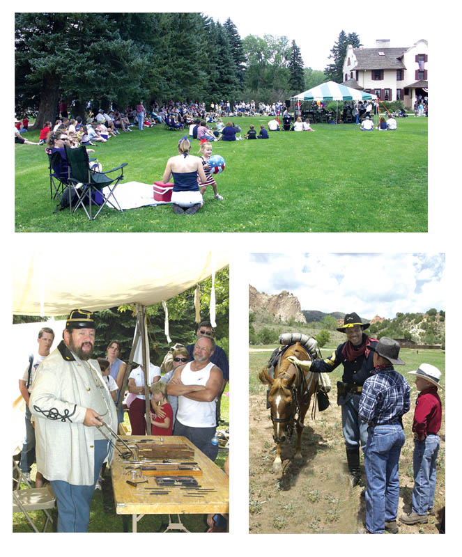 Scenes at Rock Ledge Ranchs A 19th Century
Independence Day! July 4... TOP: Many of the attendees
gathered on the Orchard House lawn to hear Colorado
Springs founder William Palmer (portrayed by Dave Harmon)
read the Declaration of Independence. BELOW LEFT: Bob
Mallin, MD, a lecturer on the Santa Fe Trail & Civil War
medicine for Pecos National Historical Park in Pecos, N.M., 
explains the use of a bone saw. BELOW RIGHT: A member 
of the Buffalo Soldiers contingent answers questions from 
two young onlookers after a riding demonstration.
Westside Pioneer photos