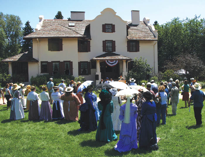While Mayor Lionel Rivera spoke during the Orchard House centennial ceremony at Rock Ledge Ranch July 21, a 
large number of the audience were dressed in the spirit of the day. 
Westside Pioneer photo