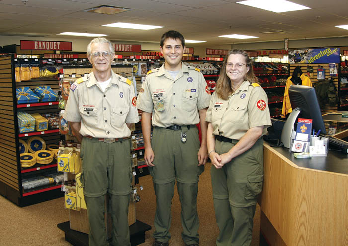 Employees are (from left) Jack Spears, Mike Jones and
Roxann Steiner in the Hibbard Memorial Scout Shop inside
the newly reconstructed home of the Pikes Peak Council of the Boy Scouts of America at 985 W. Fillmore St. Originally a Ballys fitness center, the building interior 
was completely redone.
Westside Pioneer photo
