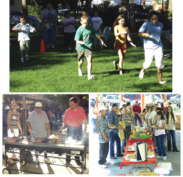 TOP: Children run carefully in the egg race. BELOW LEFT: Barbecue chefs include (from left) OWN board member 
Stormie Wells, former board member Bob Kliewer and Mayor Lionel Rivera.BELOW RIGHT: People wait patiently in line for the plentiful food.   
Westside Pioneer photos