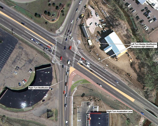 In aerial views looking north, proposed improvements at the two Highway 24 intersections (detailed in adjoining article) are drawn in red or gold. 
ABOVE: 21st Street. BELOW: 26th Street. 
Courtesy of Colorado Springs Traffic Engineering