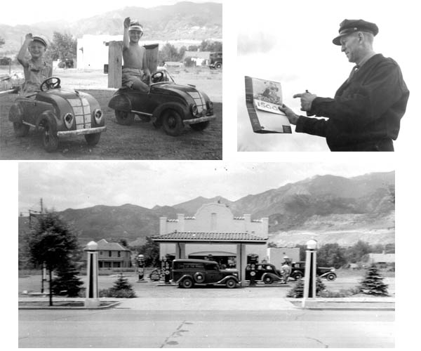 ABOVE LEFT: Young Norm Clark (right) and his cousin Fred are shown with their own cars. ABOVE RIGHT: Les Clark with a picture 
(possibly promotion-related) with the date of 1954. BOTTOM: The early Clark's Service Station, viewed from across Colorado Avenue. 
Courtesy of Norm Clark