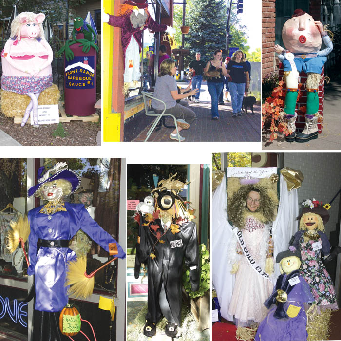Scarecrow scenes (clockwise from top left): Judges chose
Front Range Barbeques Miss Piggly and Hermit for first
place; Rocky Mountain Chocolate Factorys Willie Wonka
holds out a golden ticket to Colorado Avenue strollers; the
Doll Doctors Humpty Dumpty; the Pioneers Therese
Jordan poses for Kasten Accountings Celebrity of the
Year photo opp; Hidden Creeks Beary Potter; Nice N
Naughtys Mae West.
Westside Pioneer photos