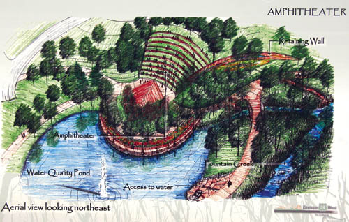 His conceptual drawing of an ampitheater and pond for which space might be available by Fountain Creek west 
of 21st Street and north of the highway as a result of right-of-way purchases for the widening.
Drawing presented by Kevin Shanks; Westside Pioneer photo