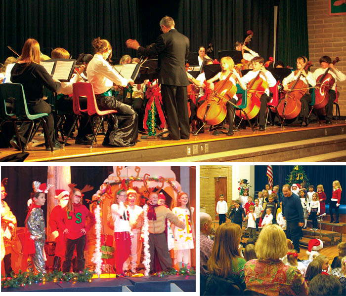 A sampling of Westside schools holiday concerts... 
TOP: Part of the Holmes/West middle school orchestra, conducted by Ed Deepe;
BOTTOM LEFT: The Incredible Reindeer at Washington Elementary. BOTTOM RIGHT: Chris Welch leads the K-2 Concert at Whittier Elementary.
Westside Pioneer photos